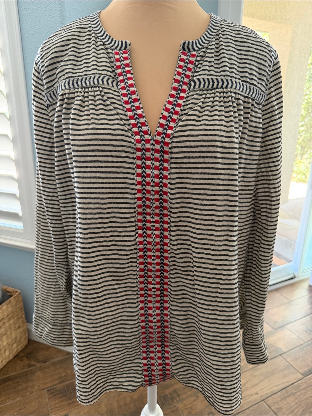 J. Crew Ivory and black Striped Embroidered Top